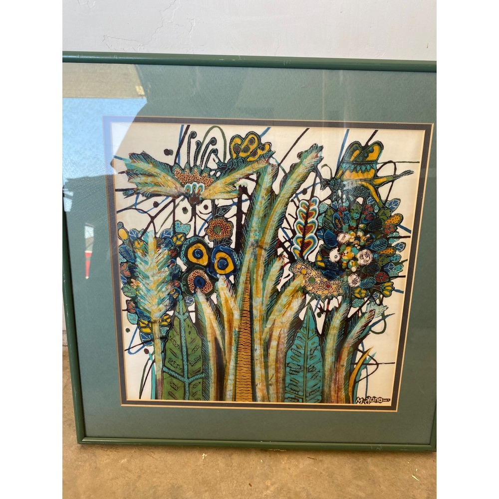 M Yono Signed Indonesian Batik Painting Framed Butterfly Floral Textile Art